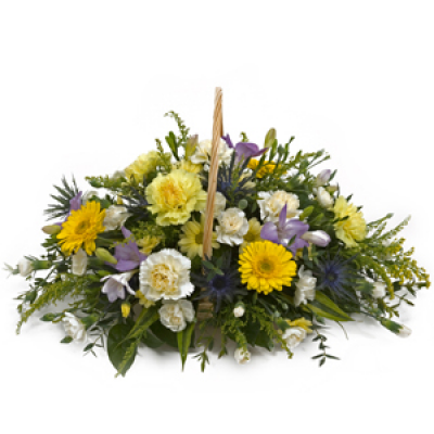 Sunshine Basket - Fresh flowers pastel hues and lush greens chosen and arranged in a basket delivered with your personal message