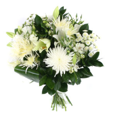 White Selection - This bouquet of seasonal bright white flowers is perfect for those more tender moments. The bouquet will also be wrapped based on message being sent.